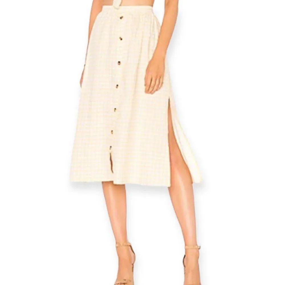 Faithfull the Brand White Yellow Checkered Linen Split Hem Summer Midi Skirt NEW